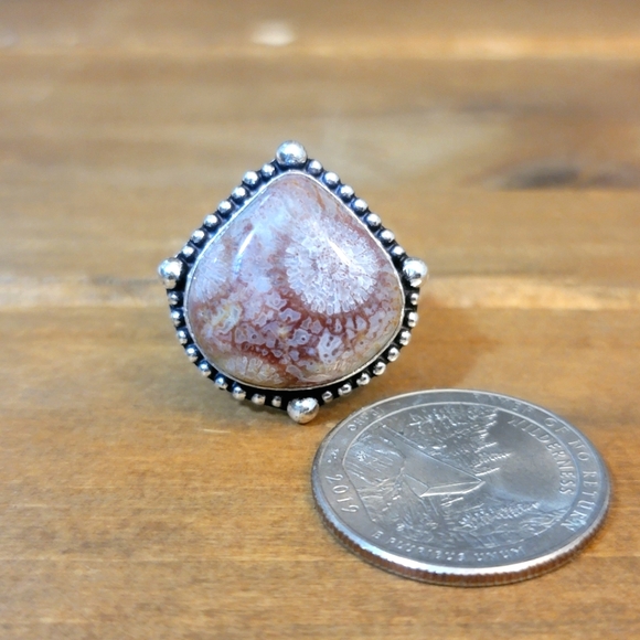Silver Ring 925 Jewelry Flower Fossil Agate Women Size 9 Western Native … - Picture 2 of 2